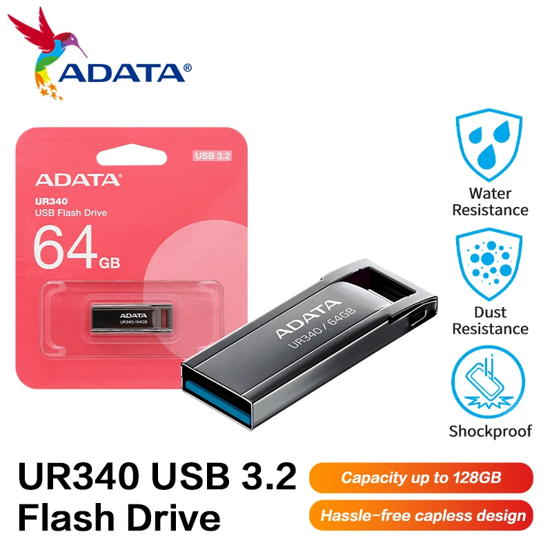 Фото USB-накопитель ADATA UR340 USB 3.2 Gen 1, 32 ГБ, 64 ГБ, 128 ГБ, скорость чтения 100 МБ/с, высокоскоростная передача данных, металлический корпус, флеш-накопитель №4
