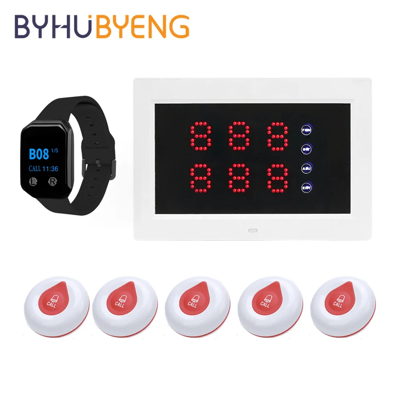 

BYHUBYENG Queue Wireless Emergency Waiter 1 Pager Watch One Display Five Call Button Diving Restaurant Table Numbers