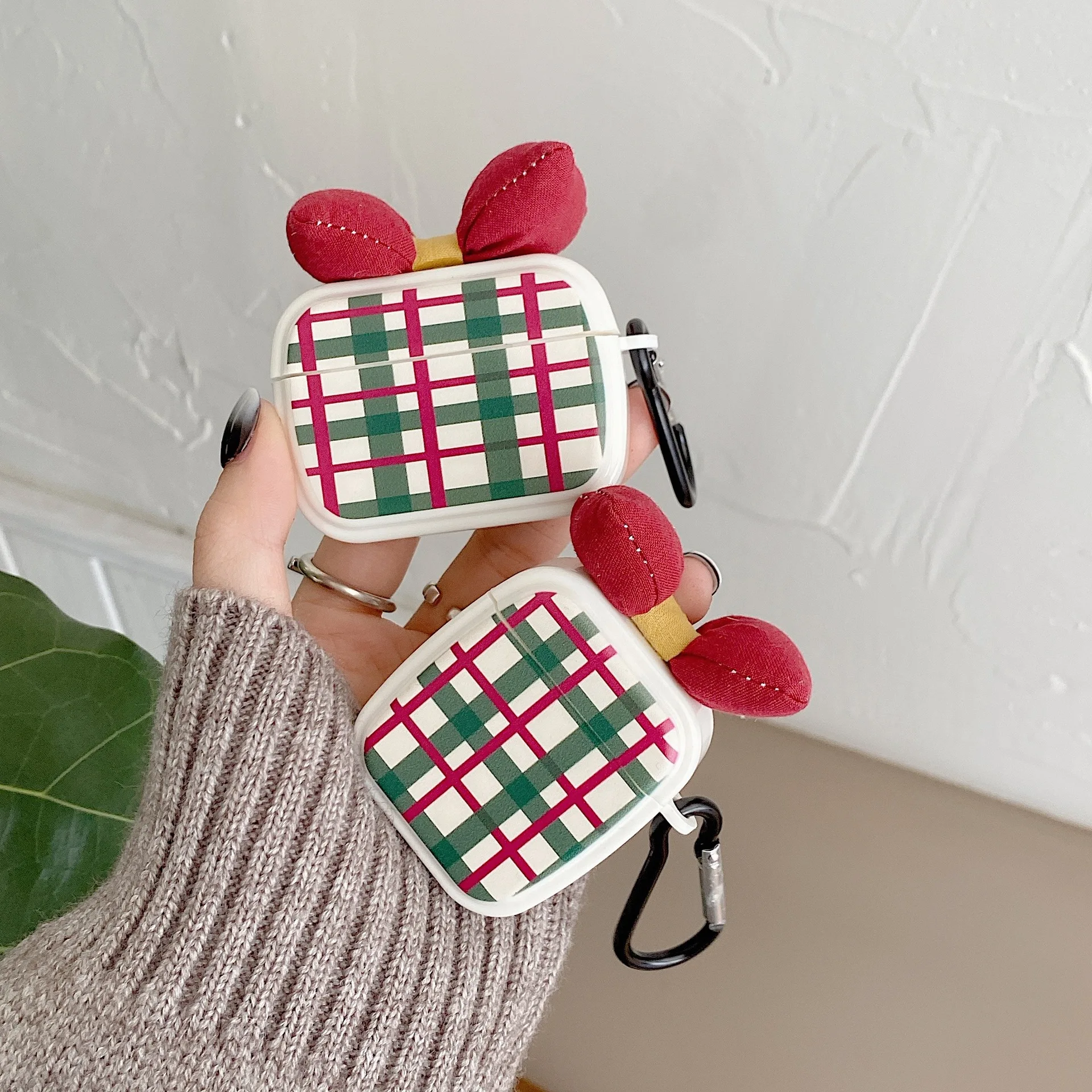 

Plush Bow Red and Green Plaid Case for Airpods 3 Case Airpods Pro 2 1 Soft Silicone TWS Earphone Protective Cover