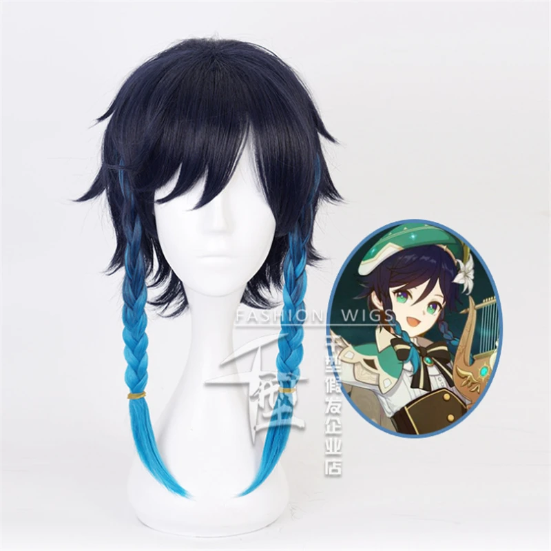 

Genshin Impact Venti Cosplay Wigs Gradient Blue Short Braided Wigs Heat Resistant Synthetic Hair Cosplay Wig+Wig Cap Game