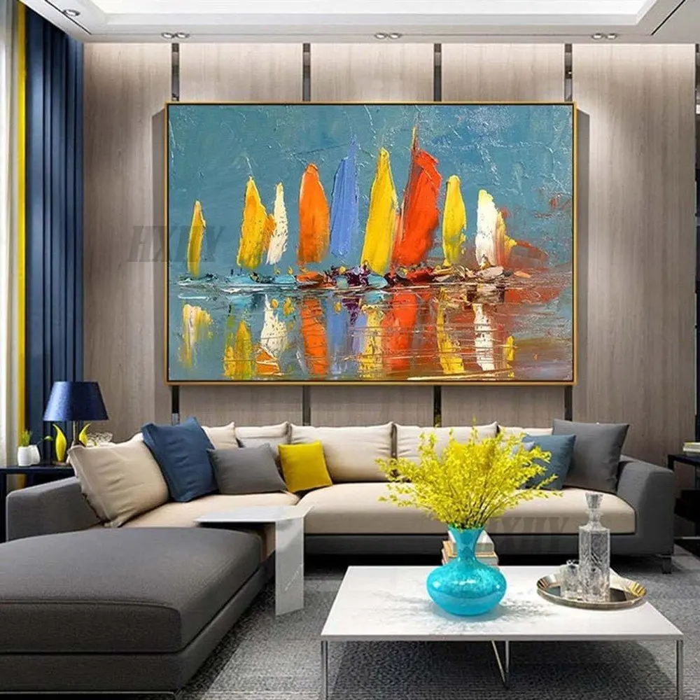 

Большая картина маслом на холсте с парусником для вечеринки красочные парусники и искусственный морской пейзаж