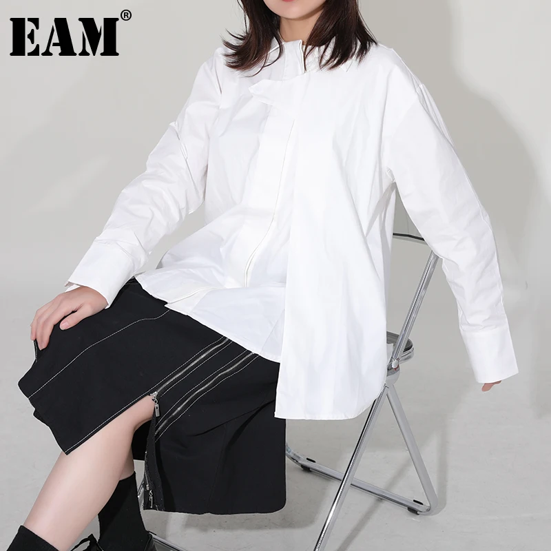 

[EAM] Women White Irreugular Big Size Blouse New Lapel Long Sleeve Loose Fit Shirt Fashion Tide Spring Autumn 2022 1DD021200