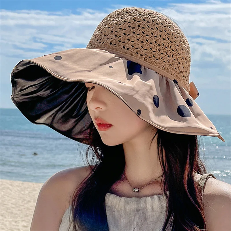 

Panama Straw Hat Women's Summer Empty Top UV Protection Beach Sun Hats Outdoor Sports Bucket Hats Breathable Big Brim Cap