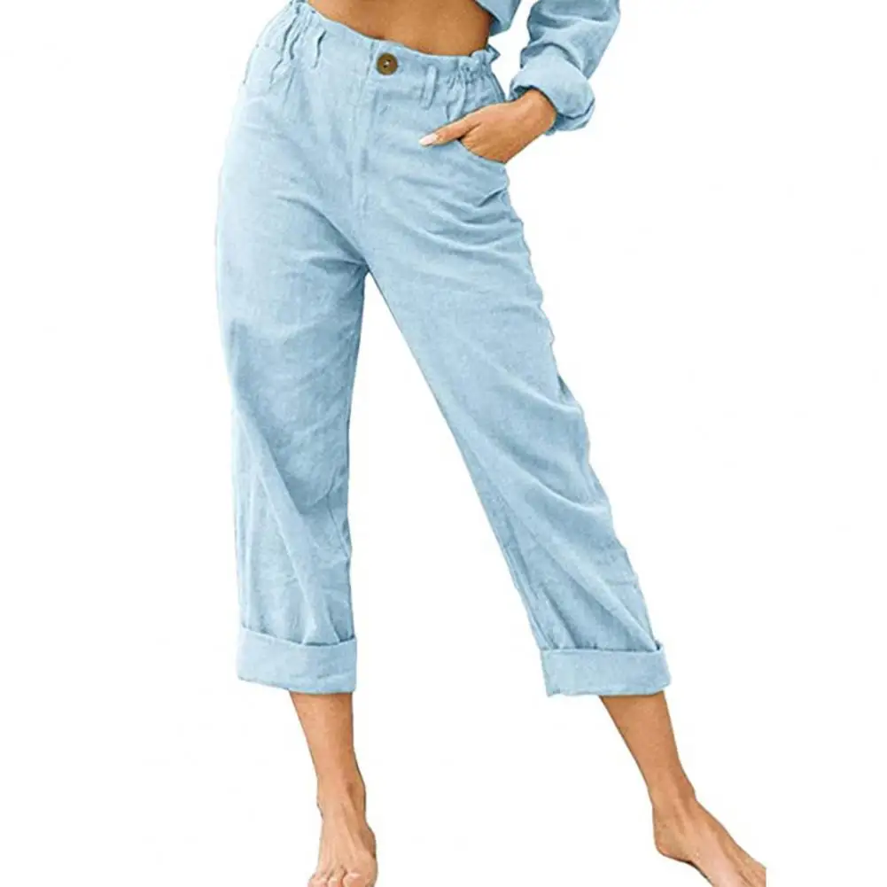 High Waist Elastic Waistband Buttons Zipper Fly Pockets Women Pants Solid Color Loose Casual Cotton Linen Pants