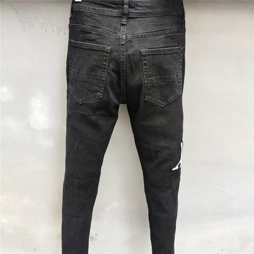 

Slim Men Jeans Letter Dance Party Hole Black Embroider Designer Jeans Trousers Street Fit Fashion Jeans High Hip Ripped Men Hop