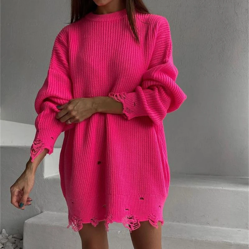 2021 New Hole Sweater Dress Women O Neck Knitted Long Sleeve Autumn Winter Ladies Warm Y2K Oversized Casual Dresses