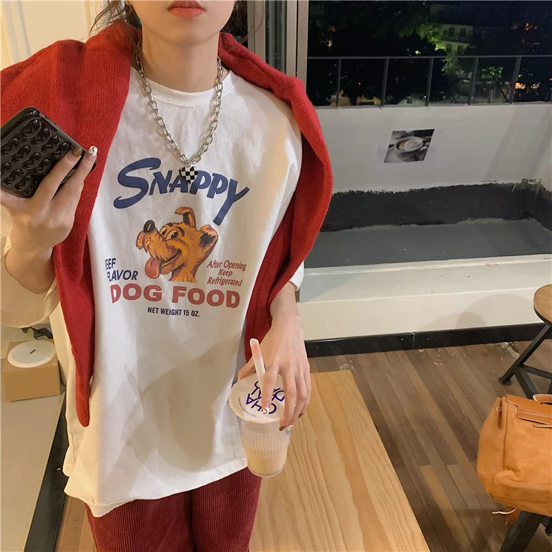 

Утепленная хлопковая Футболка оверсайз с надписью собаки и мультяшным принтом, белая, синяя, оранжевая, летняя женская футболка