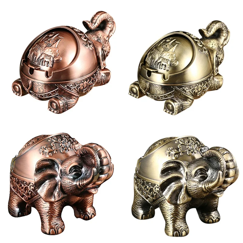 

Creative Ashtray Elephant Shaped Metal Seal Ashtray With Lid Anti-Fall Windproof Personality Home Decor Ornaments