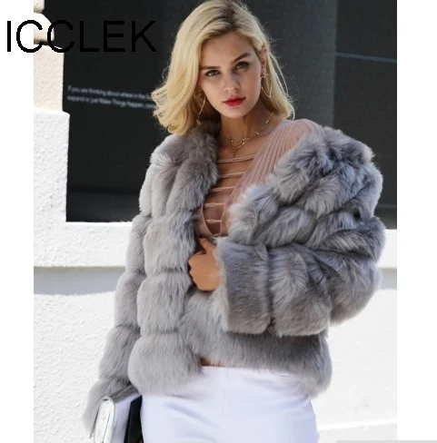 ICCLEK Autumn and winter new 2018 fox fur faux fur coat women's short long sleeve fur faux fur coat