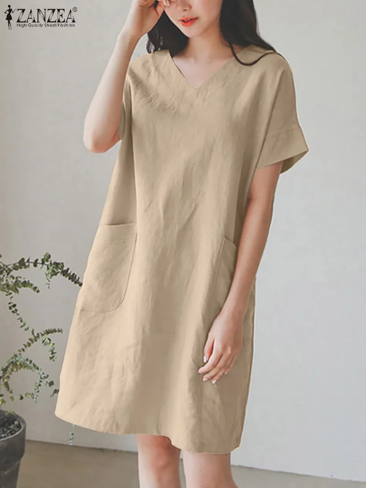 

ZANZEA Fashion Solid Loose Sundress Female Short Sleeve V Neck Dress Summer New Dresses For Women Holiday Vestidos Robe Femme