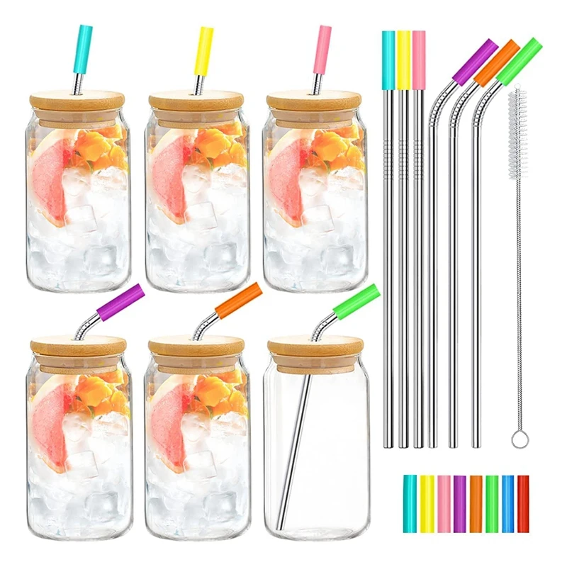 

6 шт., стеклянные бокалы для пива с крышками и соломинкой