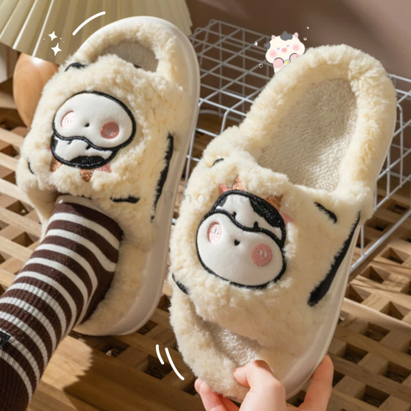Furry Women's Home Slippers Cute Cow Thick Plush Winter Female Indoor Shoes on Platform Slippers Soft Warm House Slides Animals
