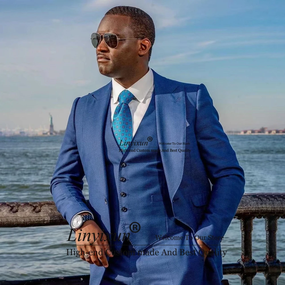 

Модный синий мужской костюм, деловой блейзер с отложным воротником, облегающий свадебный смокинг для жениха, банкетный костюм из 3 предметов, жилет, брюки, мужской костюм
