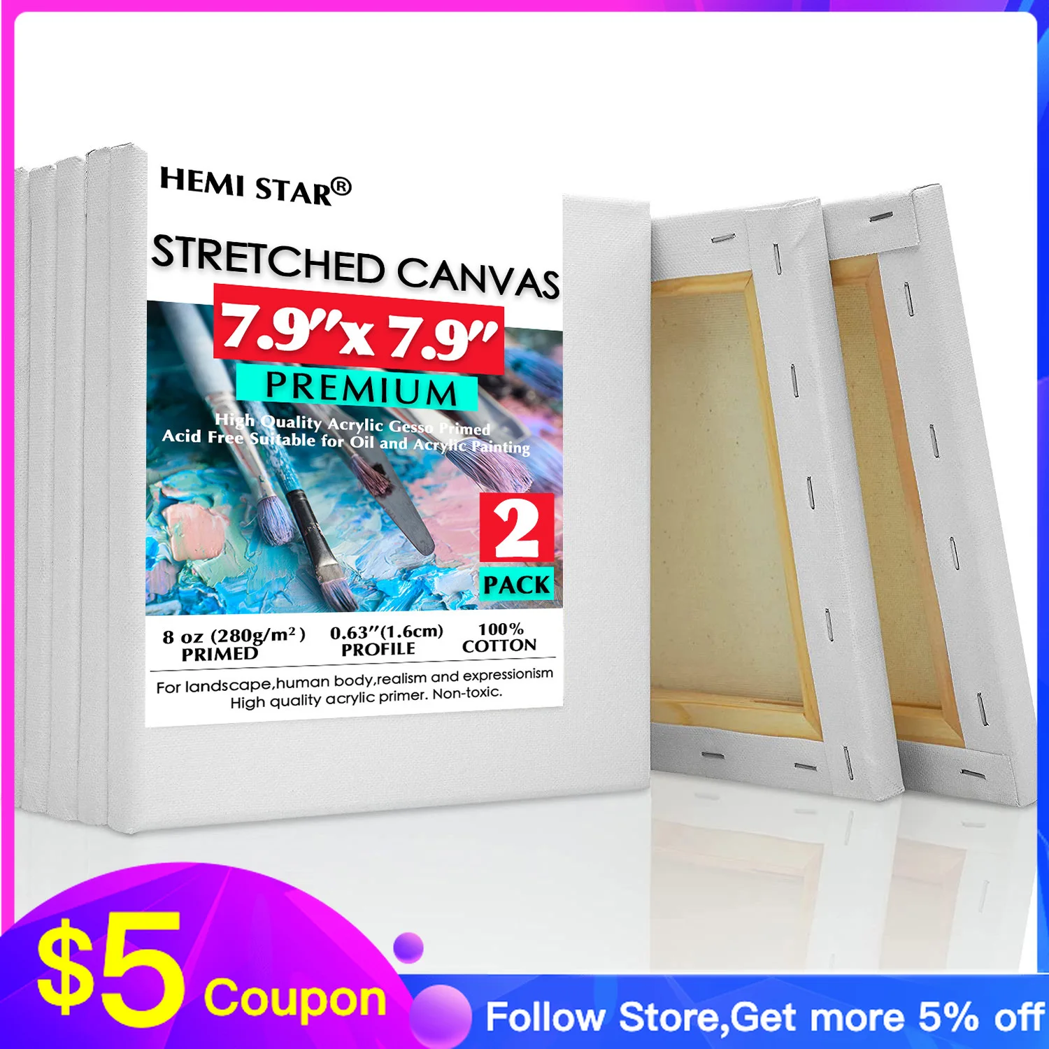 

2 Pieces/set Stretched Canvases for Painting 100% Cotton Artist Blank Canvas Boards for Painting 8 oz Gesso-Primed 8x8 inch