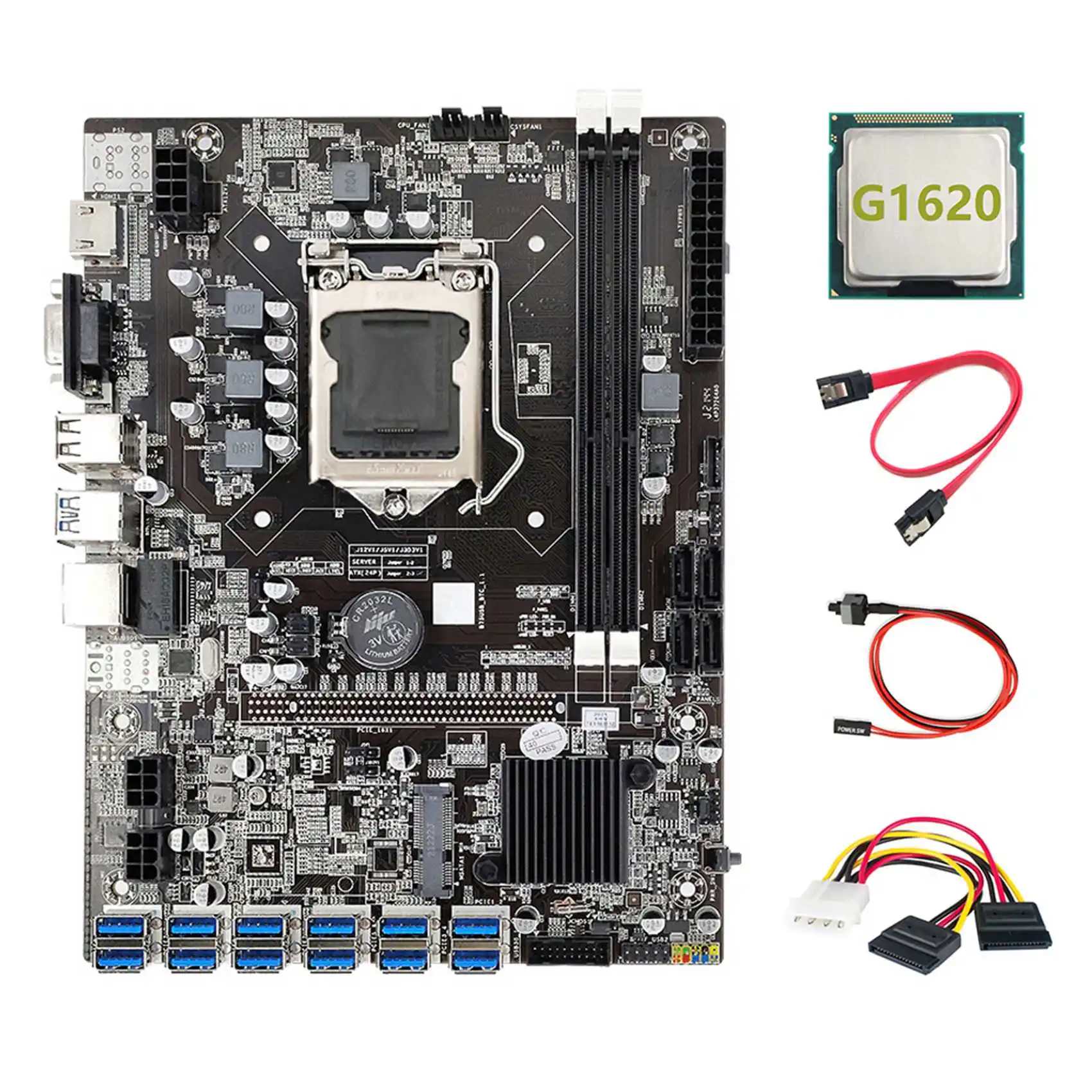 

B75 ETH Miner Motherboard 12 PCIE to USB3.0+G1620 CPU+4PIN to SATA Cable+SATA Cable+Switch Cable LGA1155 Motherboard