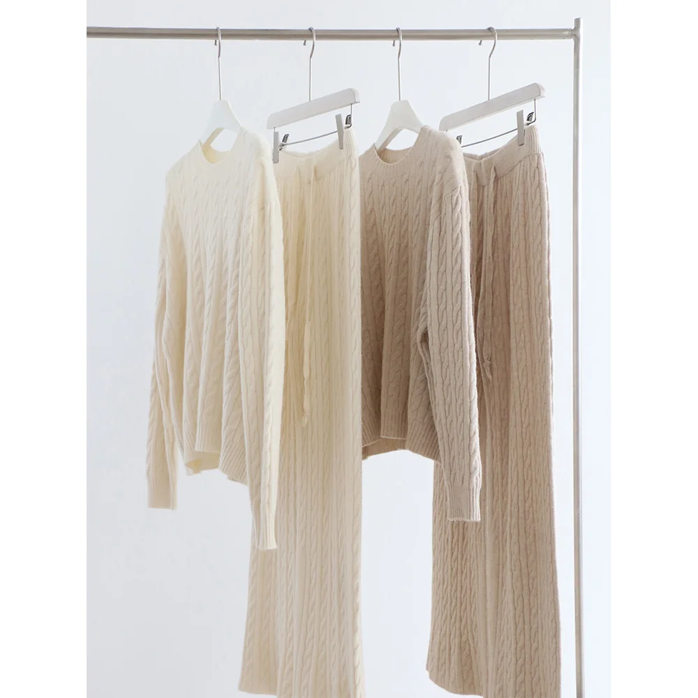 

Осенне-зимний флисовый вязаный свитер Shelley, новинка, свободный женский однотонный трикотажный топ + Вязаные Широкие штаны