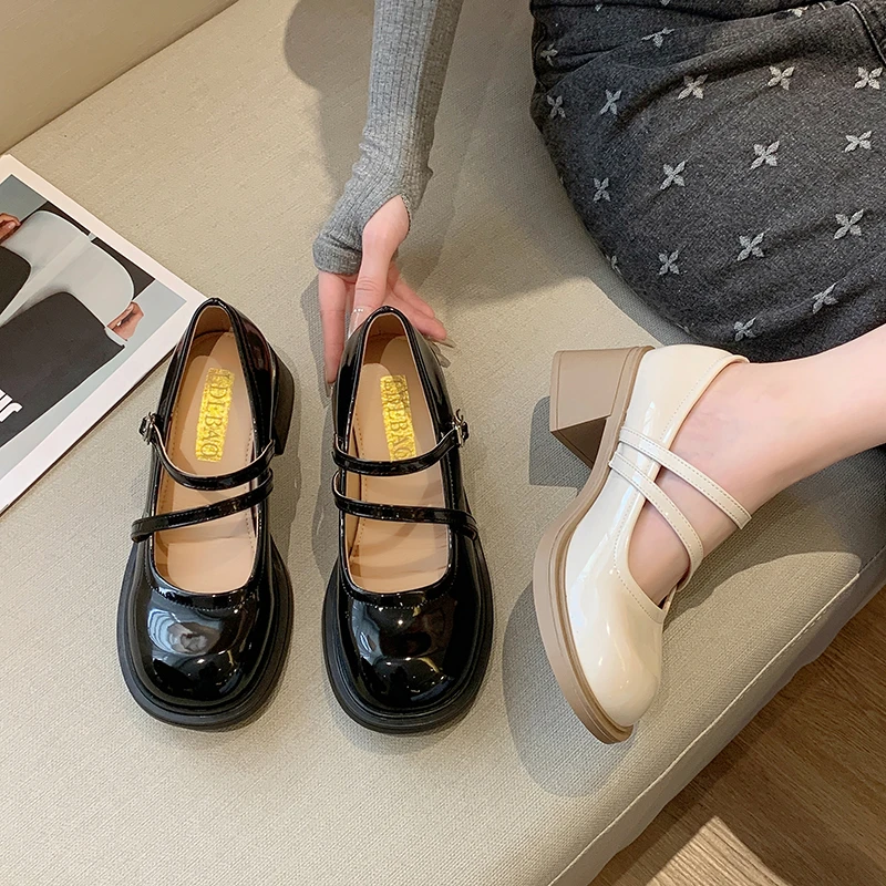 Mary Jane Basketball Platform Chunky Sandals Footwear 2023 Round Toe 12cm Lolita Block Leathe