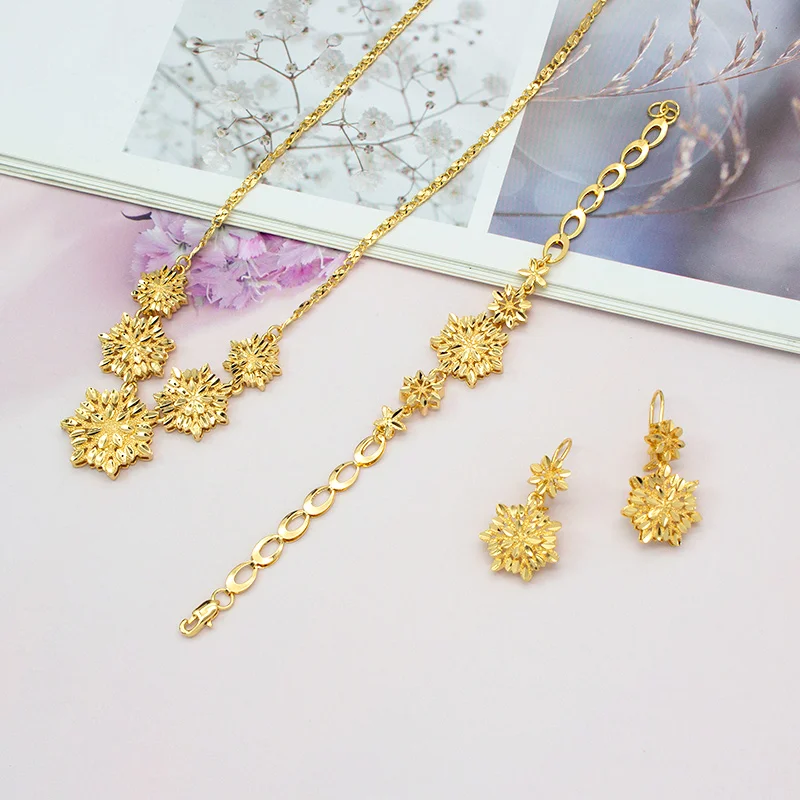 

Flower Jewelry Sets For Women Golden Necklace Bracelet Clip Earrings Sets For Bridal Wedding Party 2022 Accessories Gifts