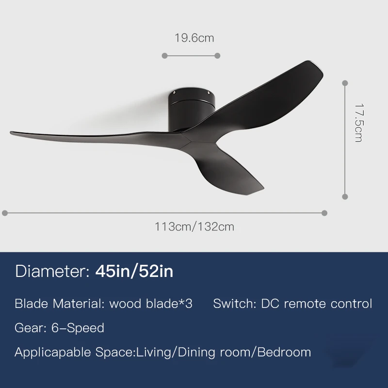 

45 52-дюймовый потолочный вентилятор с 3 лопастями, винтажный промышленный вентилятор из АБС-пластика, без освещения, с дистанционным управлением для кофейни, дома, отеля, офиса