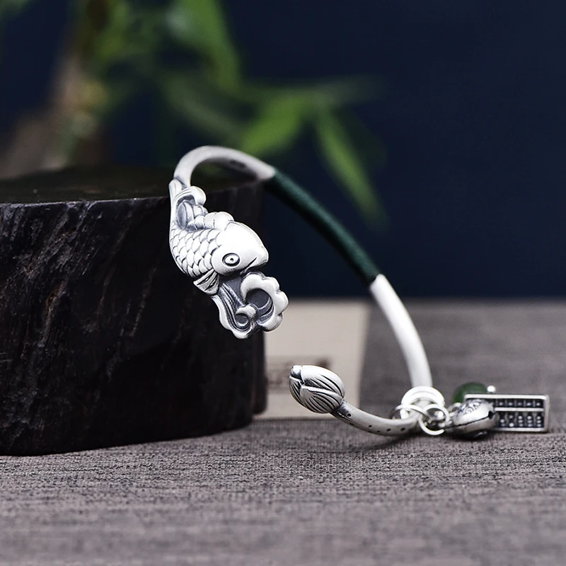 

Женский серебряный браслет с рыбками, в этническом стиле