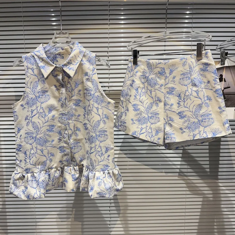 

BORVEMAYS 2023 Summer Lapel Single-breasted Sleeveless Printing Tank Tops + High Waist Shorts Temperament Elegant Two-piece Sets