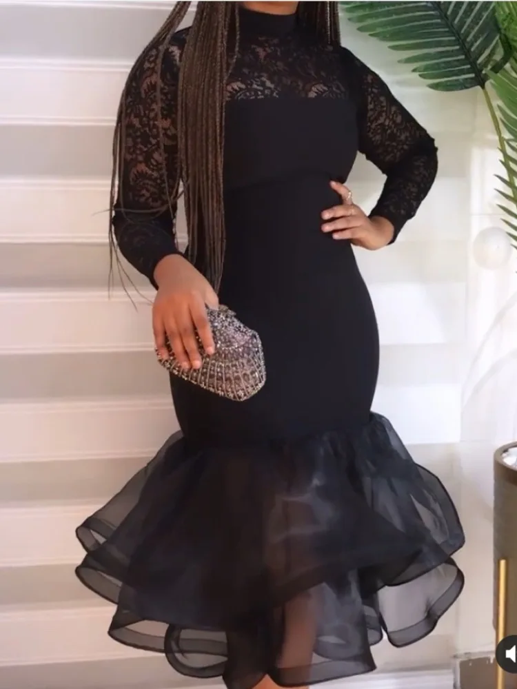 

Elegant Black Lace Bodycon Long Mermaid Party Women's Dress Vintage Sexy See-Though Mesh Patchwork Ruffles Maxi Robe