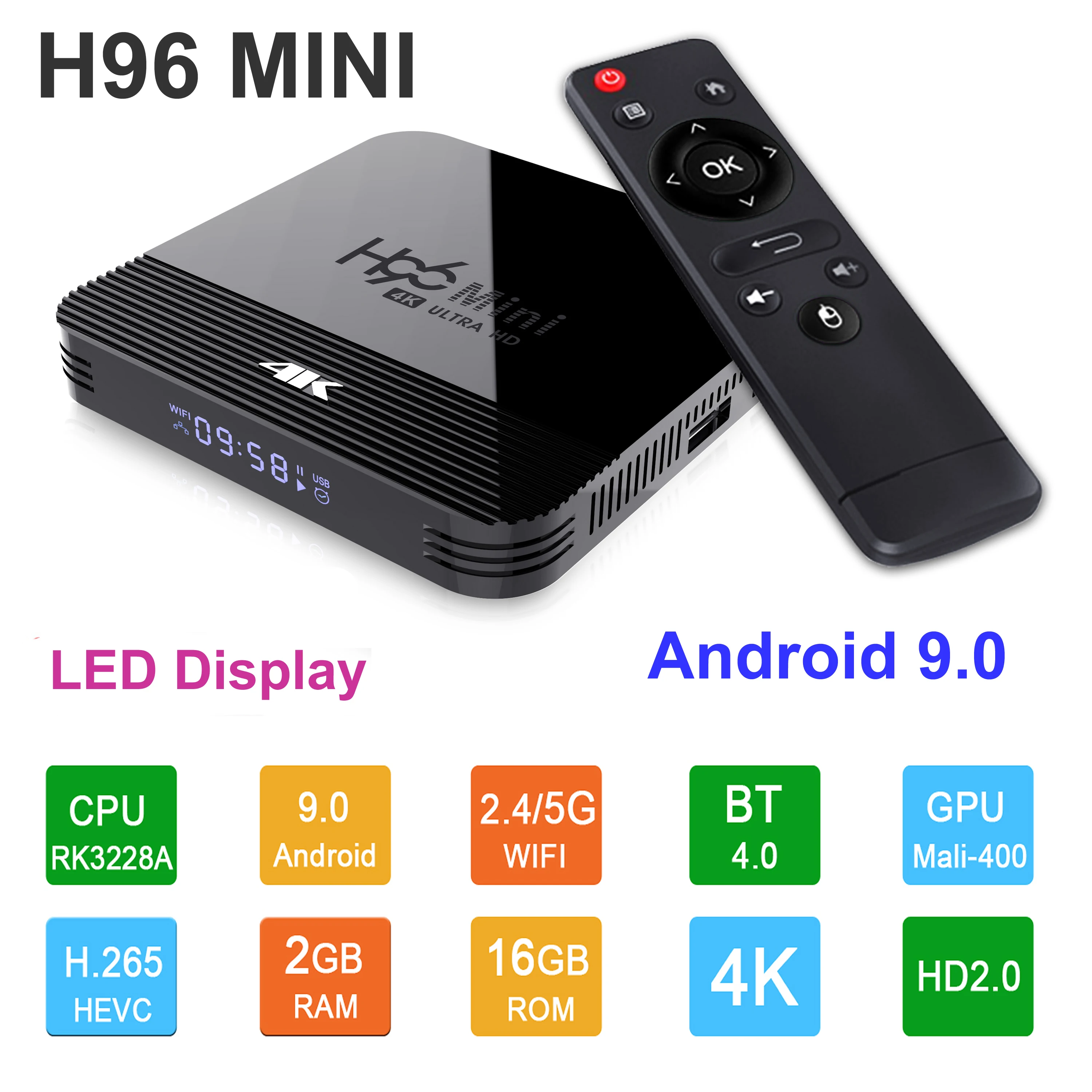 

H96 MINI H8 Android 9.0 Smart TV Box Rockchip RK3229A 2GB RAM 16GB ROM 2.4G/5G Dual WIFI BT4.0 HDR H.265 3D 4K Media Player