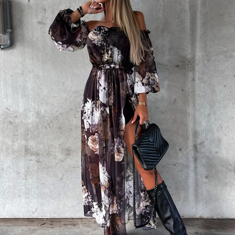 

Sexy Off Shoulder A-Line Maxi Sundress Robe New Floral Strapless Women Summer Dress Retro Print Slash Neck Slit Boho Beach Dress