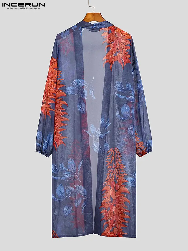 INCERUN Tops 2022 American Style New Men See-through Leaf Printing Blouse Fashion Casual Male Long-sleeved Cardigan Shirts S-5XL