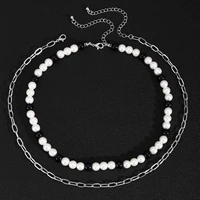 kunjoe 2pcs imitation pearl acrylic beads necklace fashion metal link chain choker necklace for women men jewelry accessories