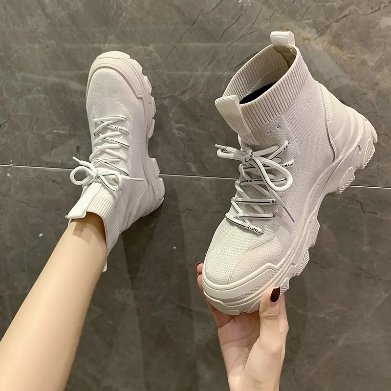 

Women's Knitted Boots Stretch Fabric Lace-Up Solid Platform Female Ankle Boot Leisure Mature Ladies Spring amp Autumn Footwear