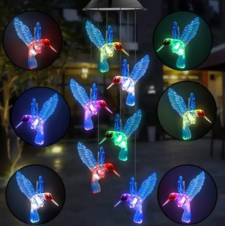 

Solar Light for Garden Decoration LED Colorful Solar Power Wind Chime Crystal Hummingbird Butterfly Waterproof Outdoor Windchime