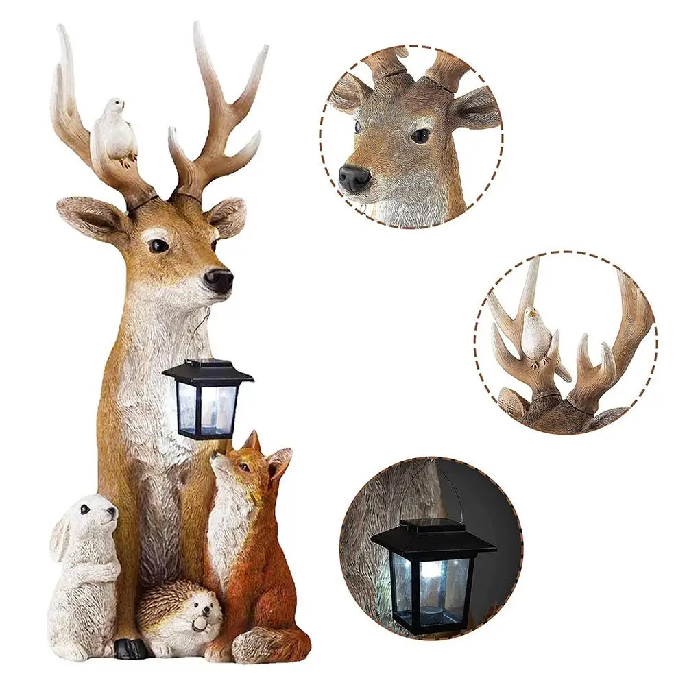 

Solar Garden Lamp Resin Deer and Friends Statue Animal Model Home Sculpture Outdoor Decoration Farm Yard Lawn Winter Decor Props