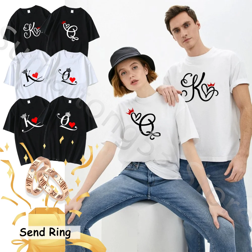 New KING QUEEN Heart Print Men Women T-Shirts Casual Round Neck Short Sleeves Tops Summer Couples T-Shirts Harajuku Clothing