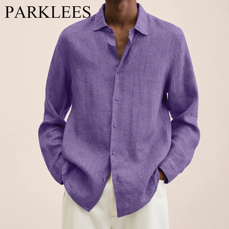 

Parklees фиолетовая льняная хлопковая рубашка для мужчин, осенняя новая рубашка с длинным рукавом и отложным воротником, Свободная Повседневна...
