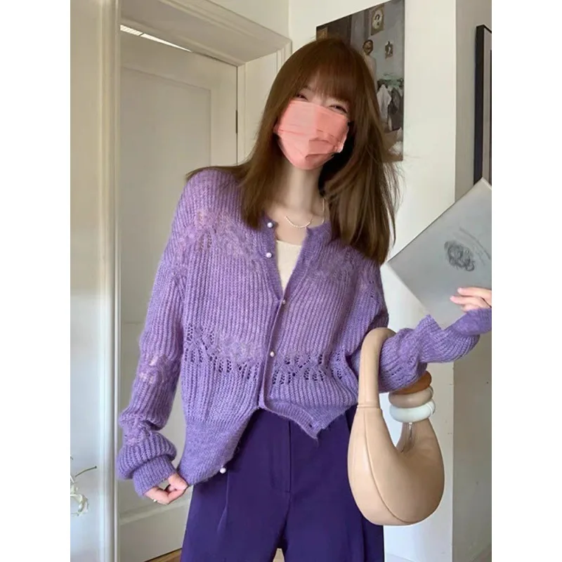 

New women's dopamine wear coat purple thin knit cardigan sweater