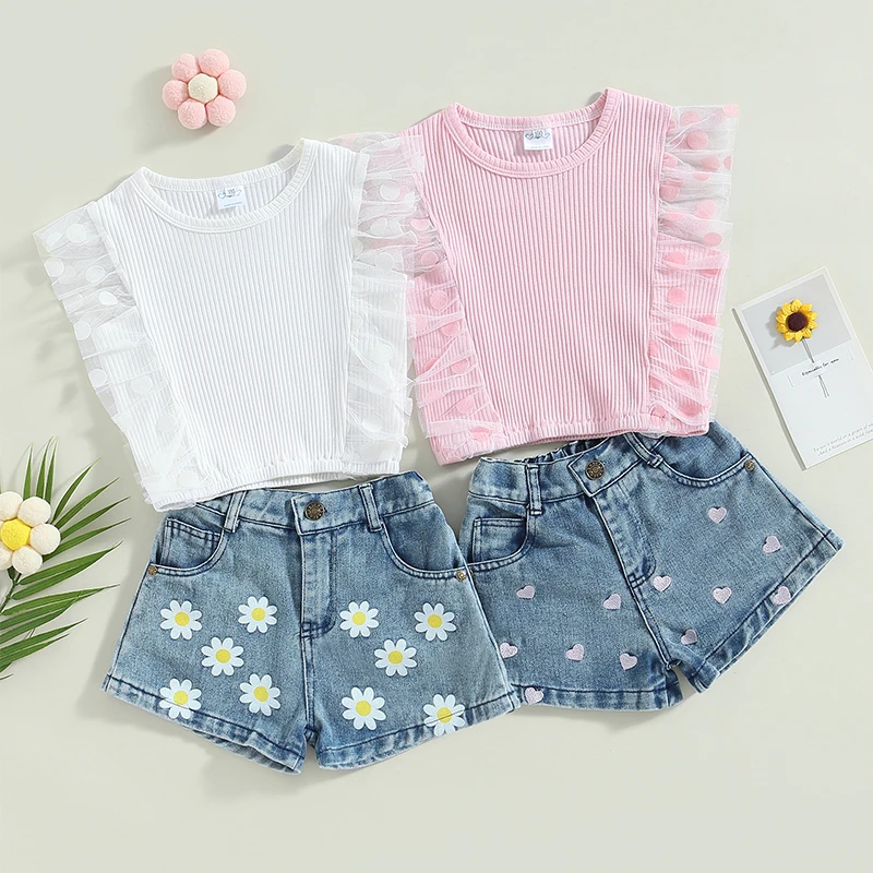 

0-5Y Baby Kids Girls Shorts Set Sleeveless Crew Neck Dots Tulle Tank Top with Embroidery Hearts Shorts Summer Girls Outfit