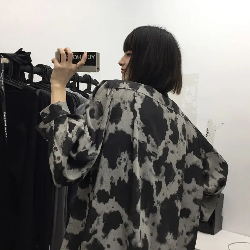 Deeptown Tie Dye Gothic Shirt Women Harajuku Vintage Oversize Streetwear 2022 Punk Long Sleeve Pattern Cardigan Grunge Kpop Chic