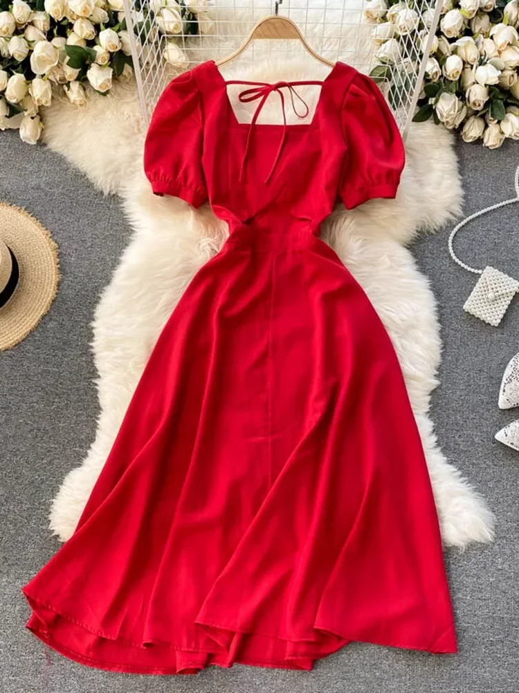 Летнее французское платье в стиле ретро женское миди с квадратным воротником и