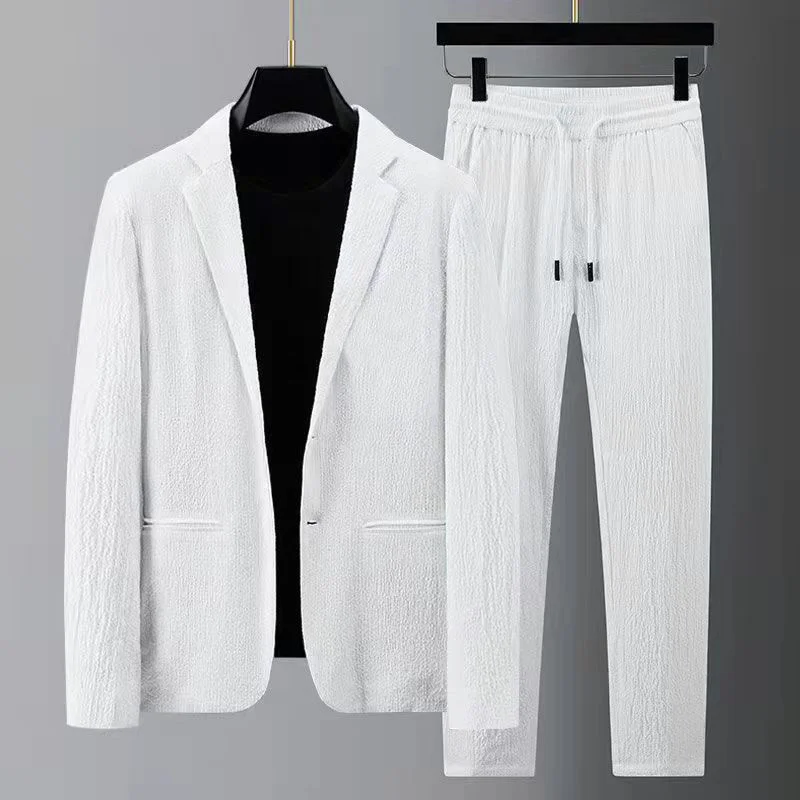 

Men Suit Drawstrin Pants Blazers Men's Sets Tracksuit Sprin Autumn Pleated Suits Tin Casual Outfits Black Wite Sinle Button