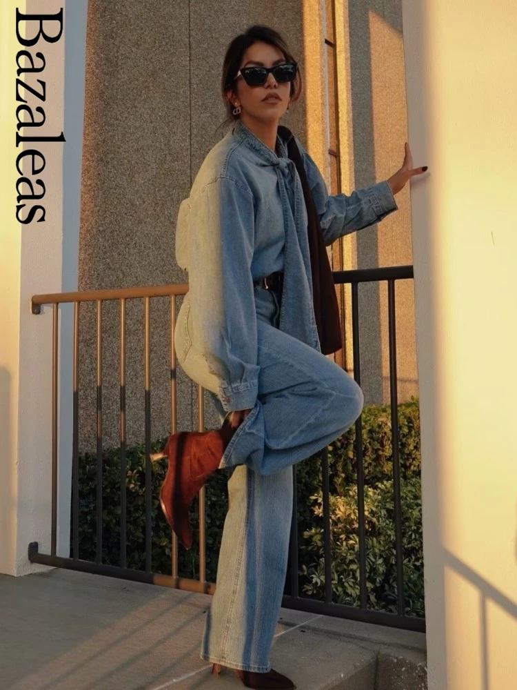 2024 женские официальные элегантные синие джинсовые рубашки Traf тонкие бандажные