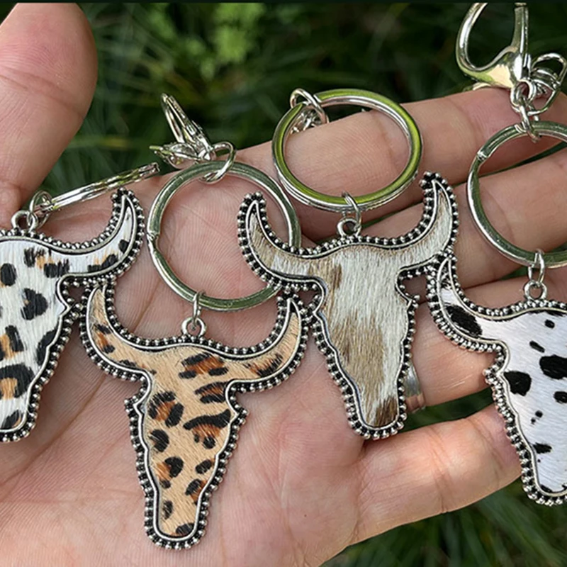 

Longhorn Cowhide Rhinestone Keychain Western Cow Head Bull Skull Steer Keyring Key Chain Holder Cowgirl Gift for Cattle Rancher