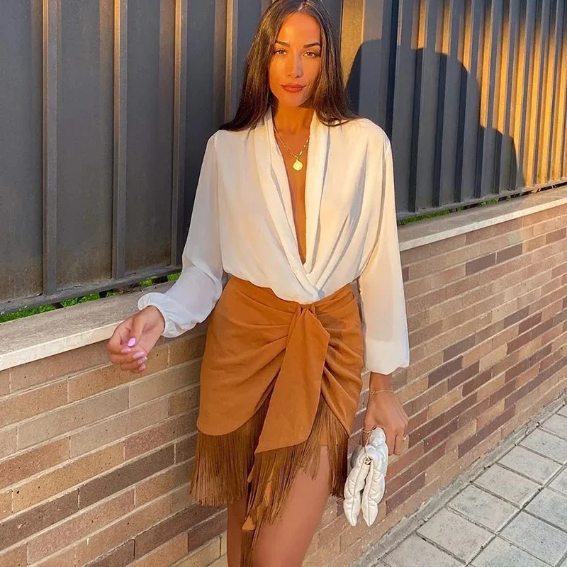 

Women Fashion High Waist Bodycon Tassel Mini Skirt Summer Autumn Spring Irregular Slit Short Bowknot Skirts Female FringeBottoms