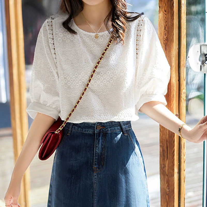Белая ажурная вышитая рубашка для женщин корейская мода хлопковые блузки с
