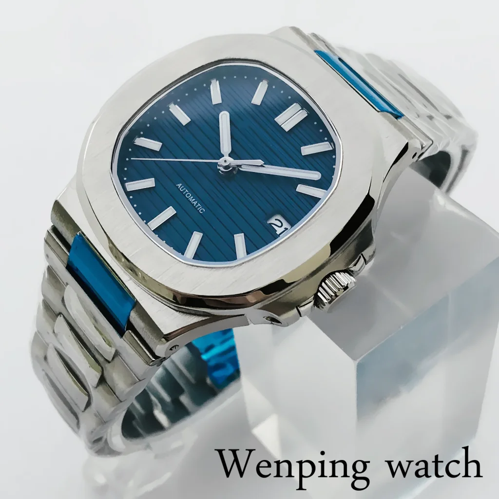 Часы мужские автоматические 39 мм серебристые с синим циферблатом и сапфировым