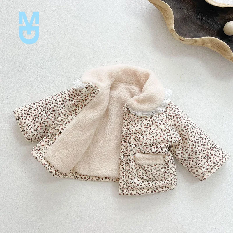 

New 2022 Winter Baby Clothes Fur Lining Girls Floral Parkas Turn Down Collar Girls Outerwear