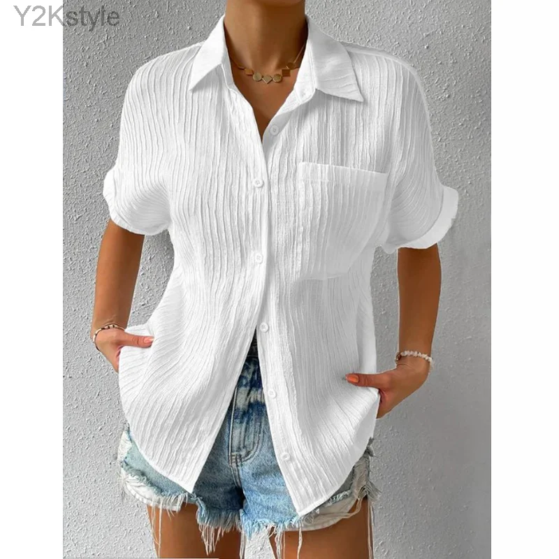 

Women's Clothing 2023 Summer Fashion Pleated Simple Casual Button Up Shirt Solid Pocket Short Sleeve Blouse Loose All Match Tops