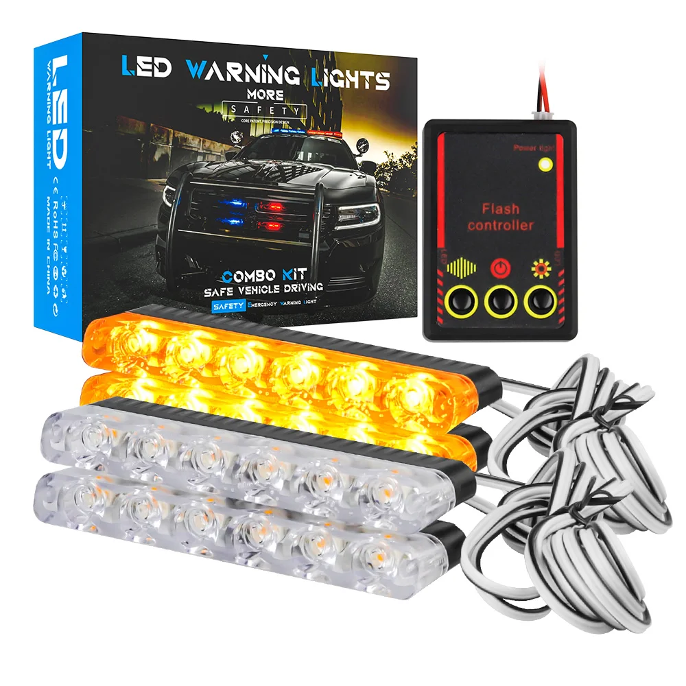 

4pcs 6SMD LED Kit Car Front Grille Strobe Warning Light Fireman Police Light Chassis Flashing Light Traffic Light White Yellow