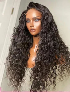 26Inch Long Black Color Water Wave Curly Synthetic Lace Front Wig For Black Women With Babyhair Preplucked Heat Resistant Daily