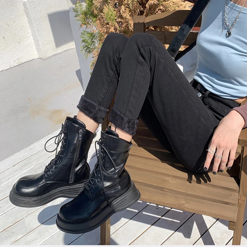 Plus velvet elastic high waist thickening warm double button denim jeans high tight all-match pencil pants women